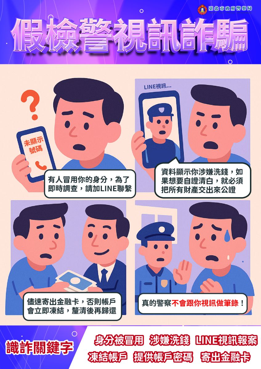 假檢警視訊詐騙 四格漫畫宣導圖