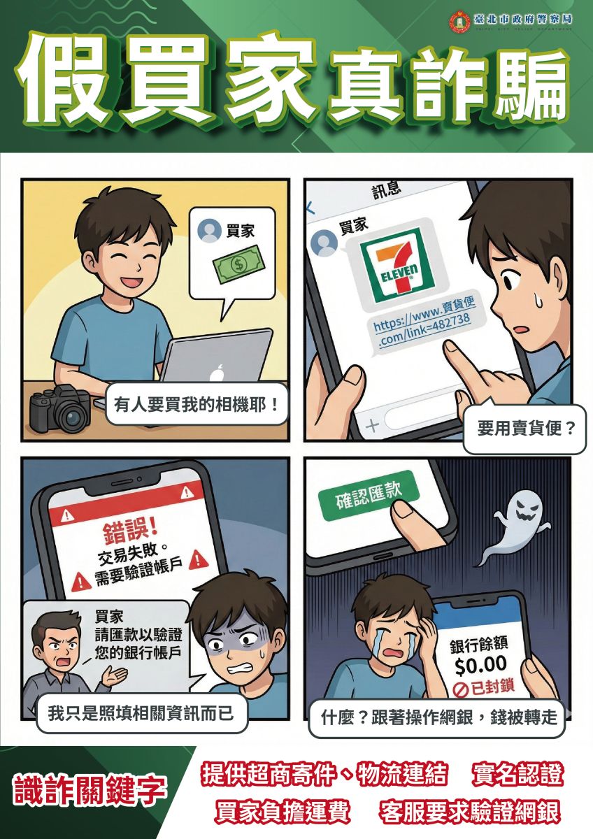 假買家真詐騙四格漫畫防詐宣導圖
