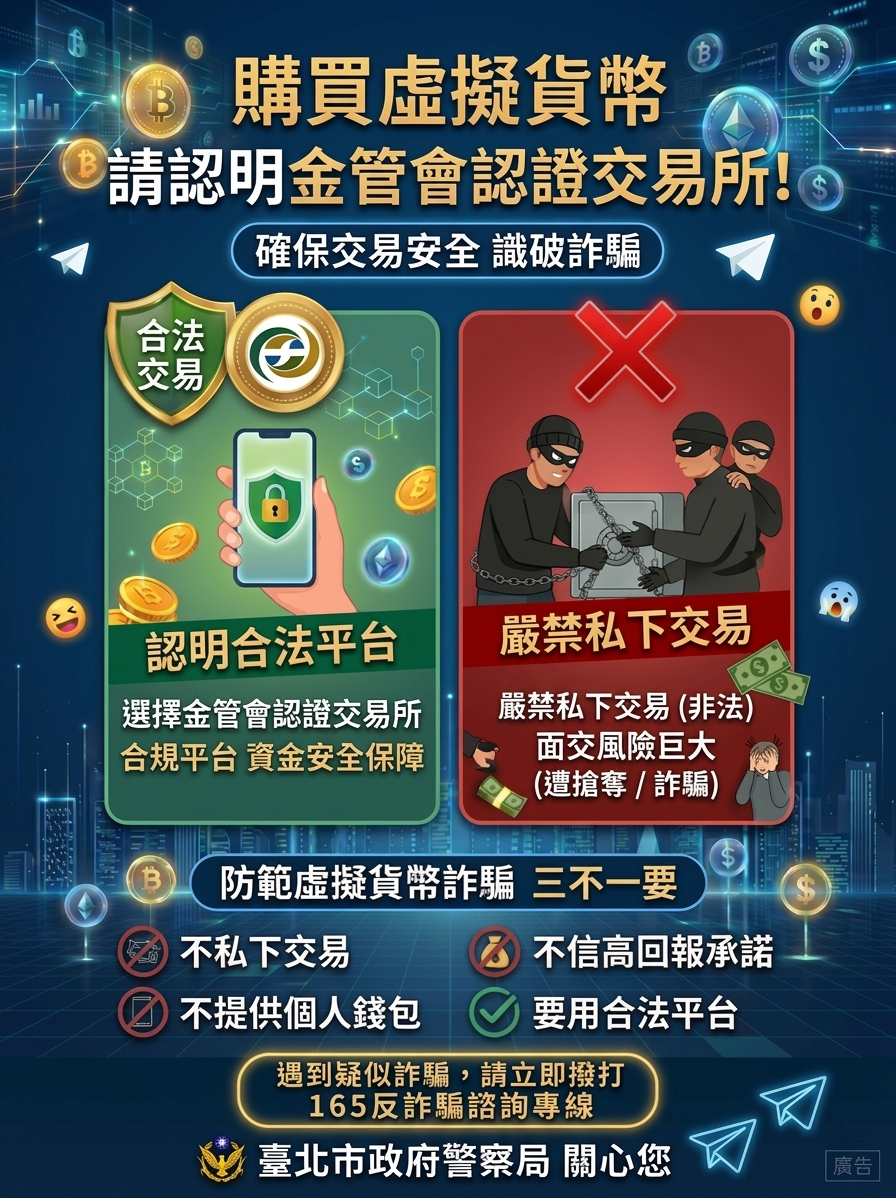 購買虛擬貨幣請認明金管會認證交易所，確保交易安全識破詐騙宣導海報