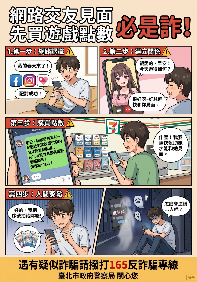 網路交友見面先買遊戲點數必是詐宣導海報